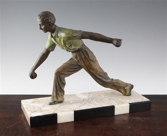 A French Art Deco bronzed spelter figure of a boules player, 15in.